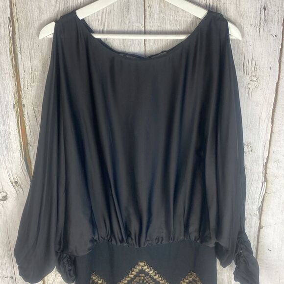 Hale Bob Black Beaded Slit Sleeve Silk Dress Size Medium  197 - Picture 3 of 11